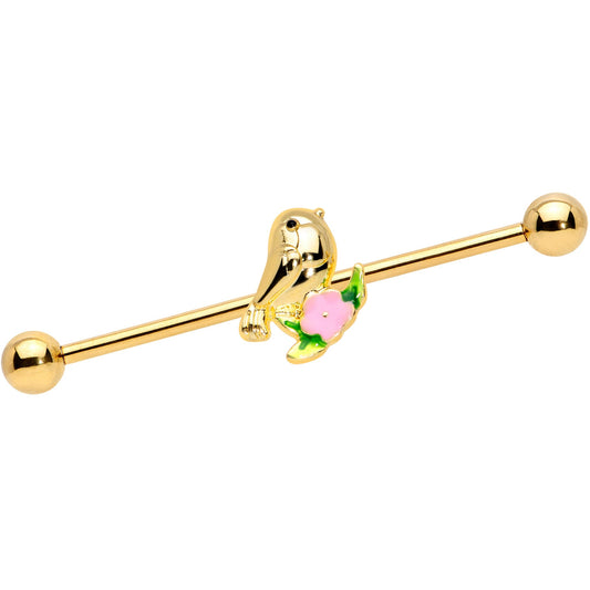 14G Gold Tone Bird Pink Flower Industrial Barbell 38mm