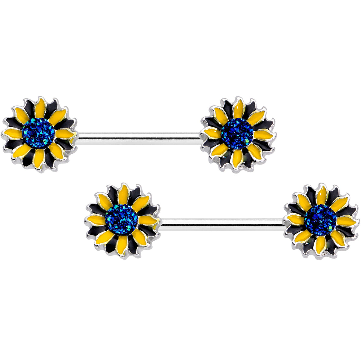 14G 5/8 Blue Faux Druzy Yellow Sunflower Barbell Nipple Ring Set