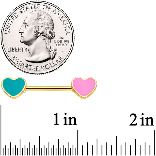 14G 9/16 Gold Tone Pink Teal Heart Valentines Day Nipple Ring Set