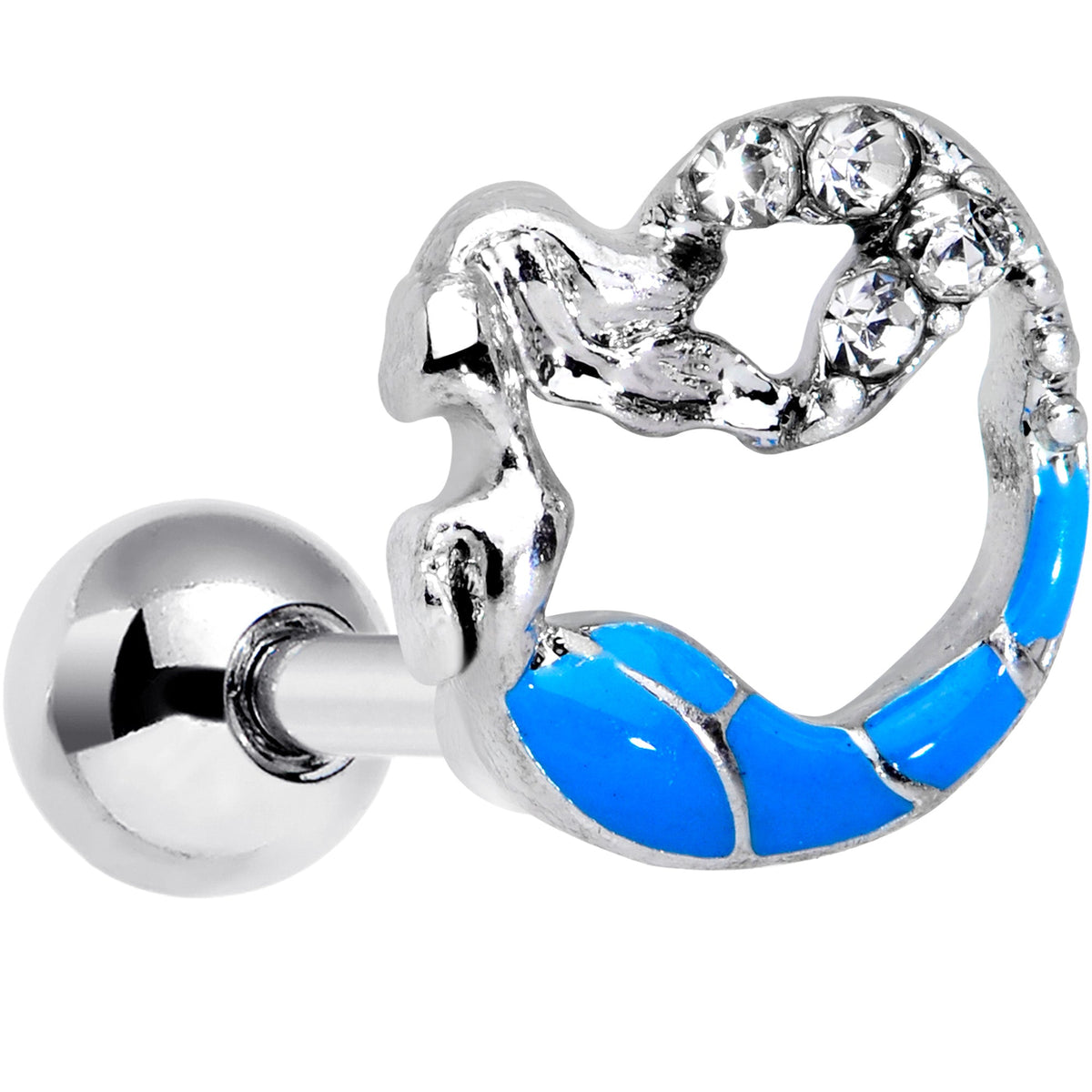 16G 1/4 Clear Gem Blue Curved Mermaid Cartilage Tragus
