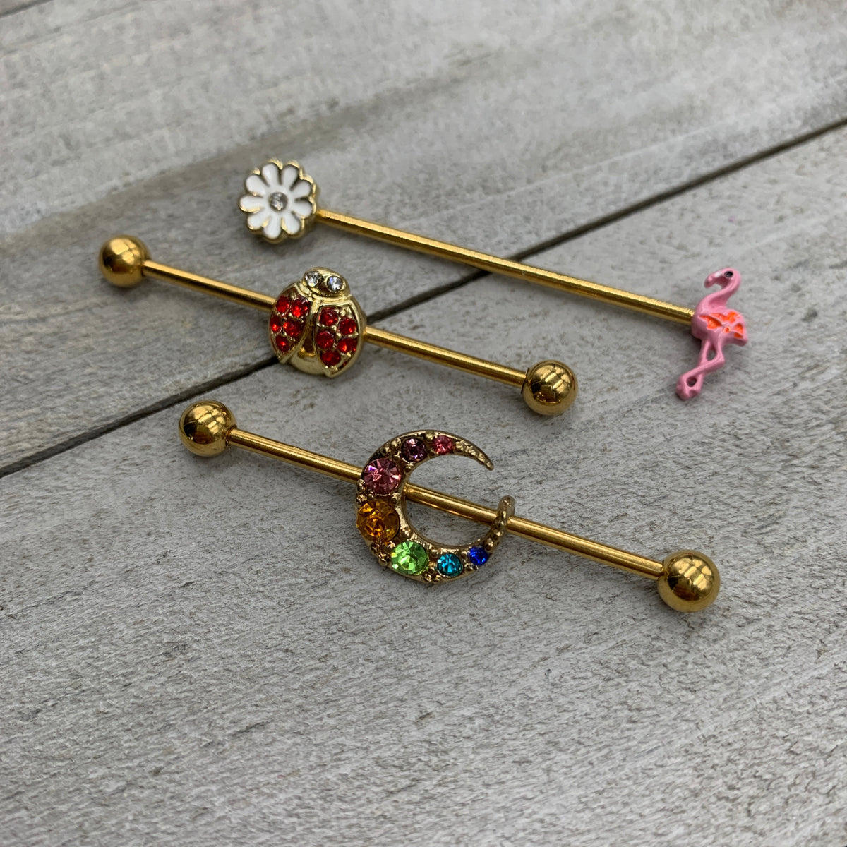 14G Rainbow Gem Gold Tone Crescent Moon Industrial Barbell 38mm