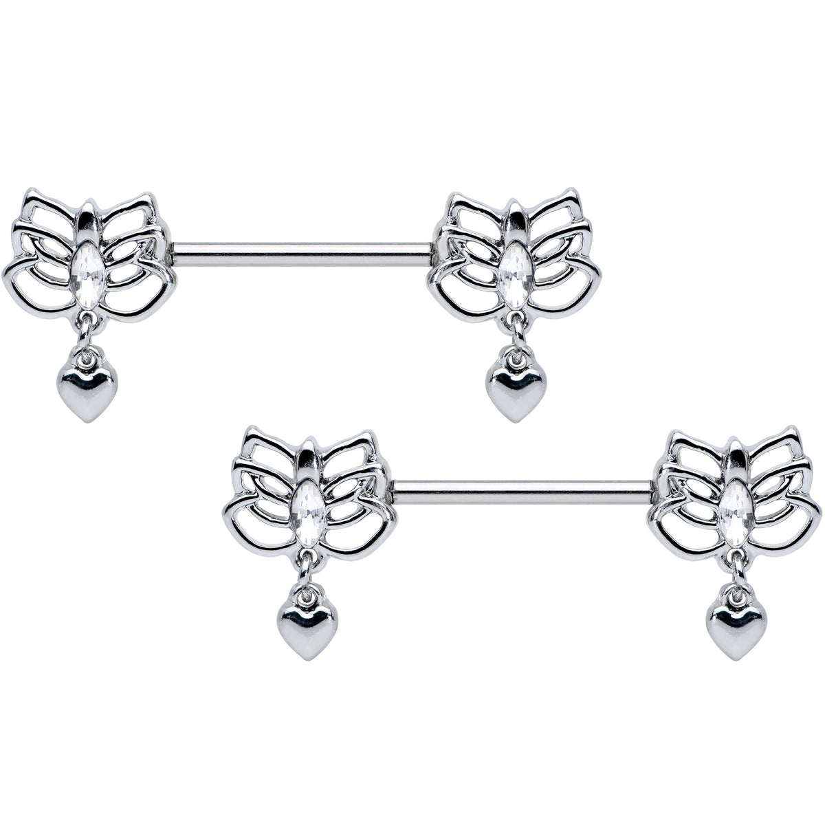 14G 5/8 Clear Gem Lotus Heart Dangle Barbell Nipple Ring Set