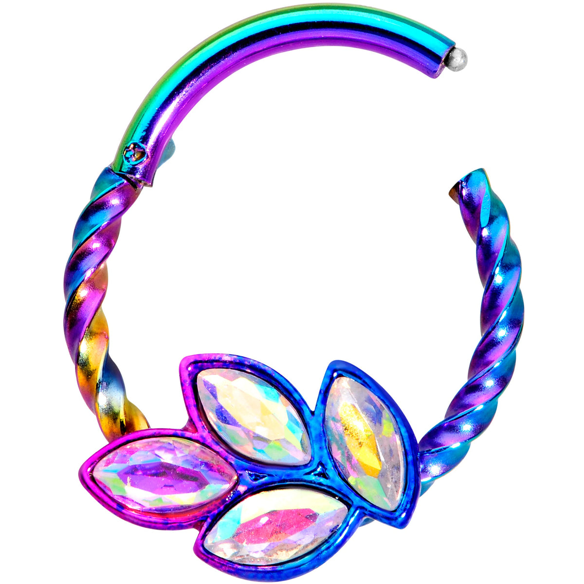 16G 3/8 Aurora Gem Rainbow Oval Quartet Twisted Cartilage Clicker