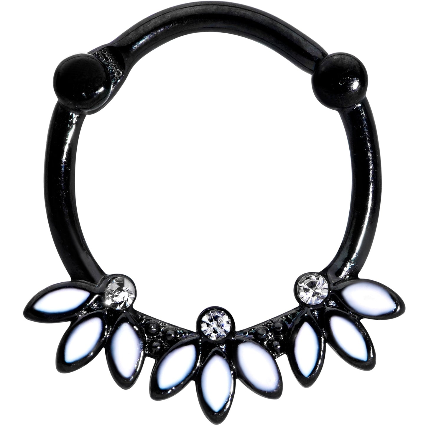 16G 3/8 Clear Gem Black White Leaves Cartilage Clicker