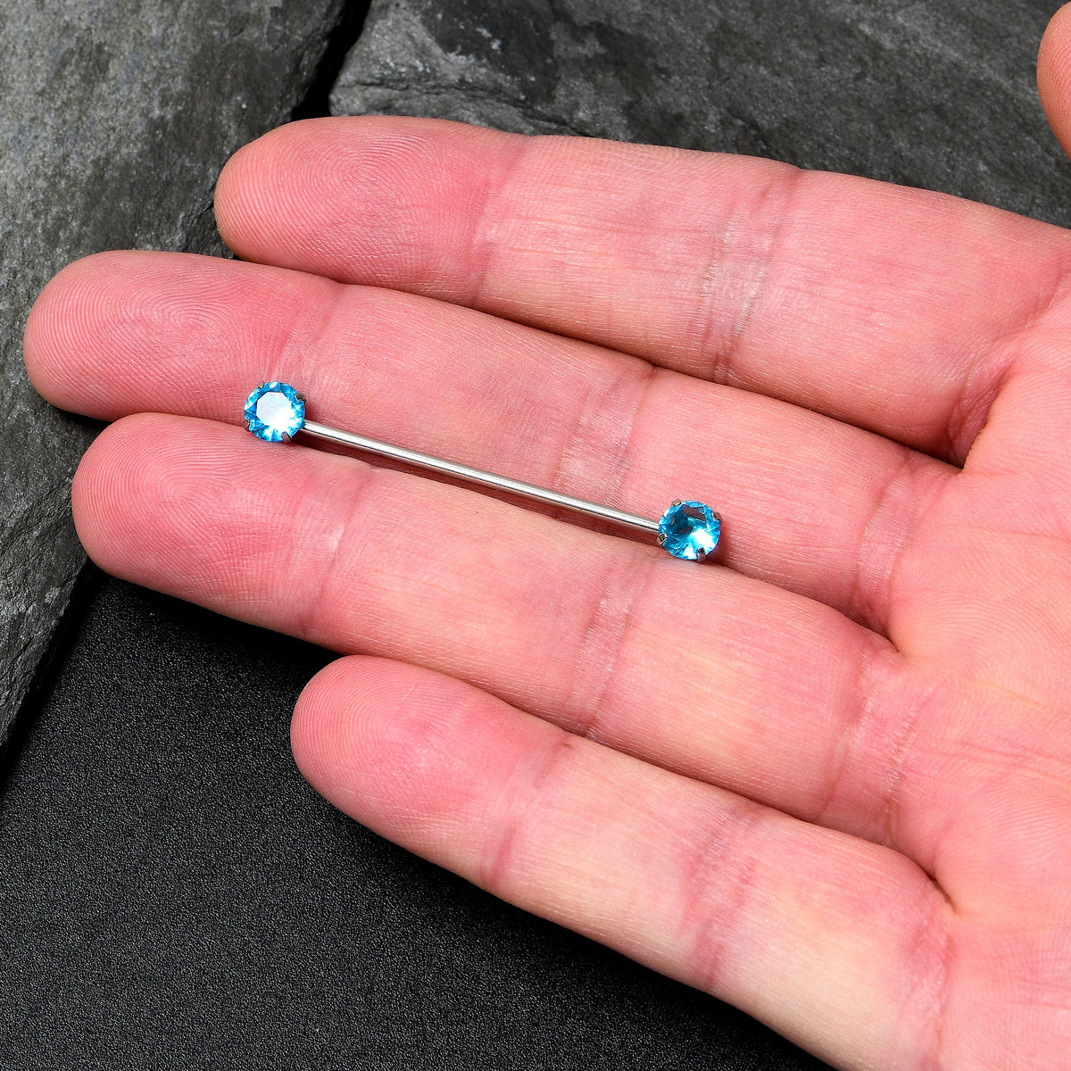 14G Aqua CZ Gem Threadless Industrial Barbell 38mm