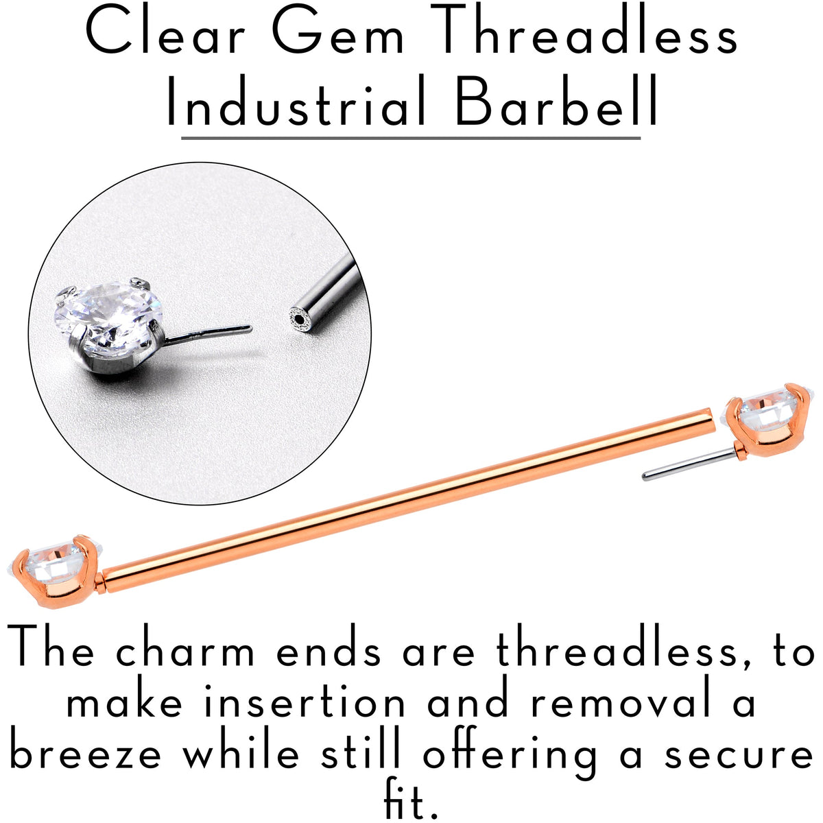 14G Clear CZ Gem Rose Gold Tone Threadless Industrial Barbell 38mm
