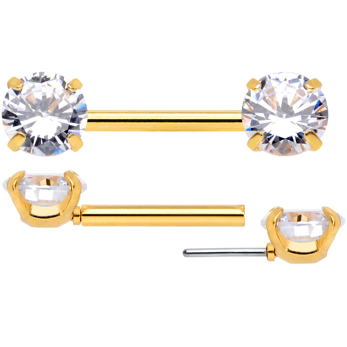 14G 1/2 Clear CZ Gem Gold Tone Threadless Nipple Ring Set