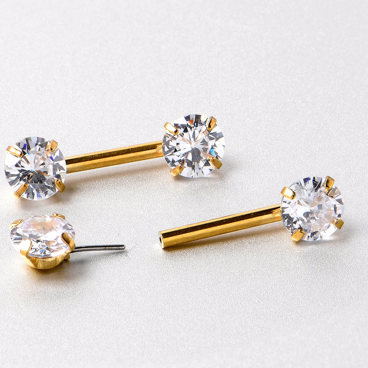 14G 1/2 Clear CZ Gem Gold Tone Threadless Nipple Ring Set