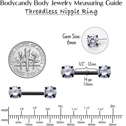 14G 1/2 Clear CZ Gem Black Threadless Barbell Nipple Ring Set