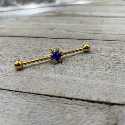 14G Blue Gem Gold Tone Star Industrial Barbell 38mm