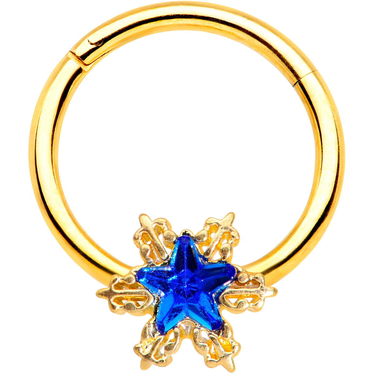 16G 3/8 Blue Gem Gold Tone Star Hinged Segment Ring