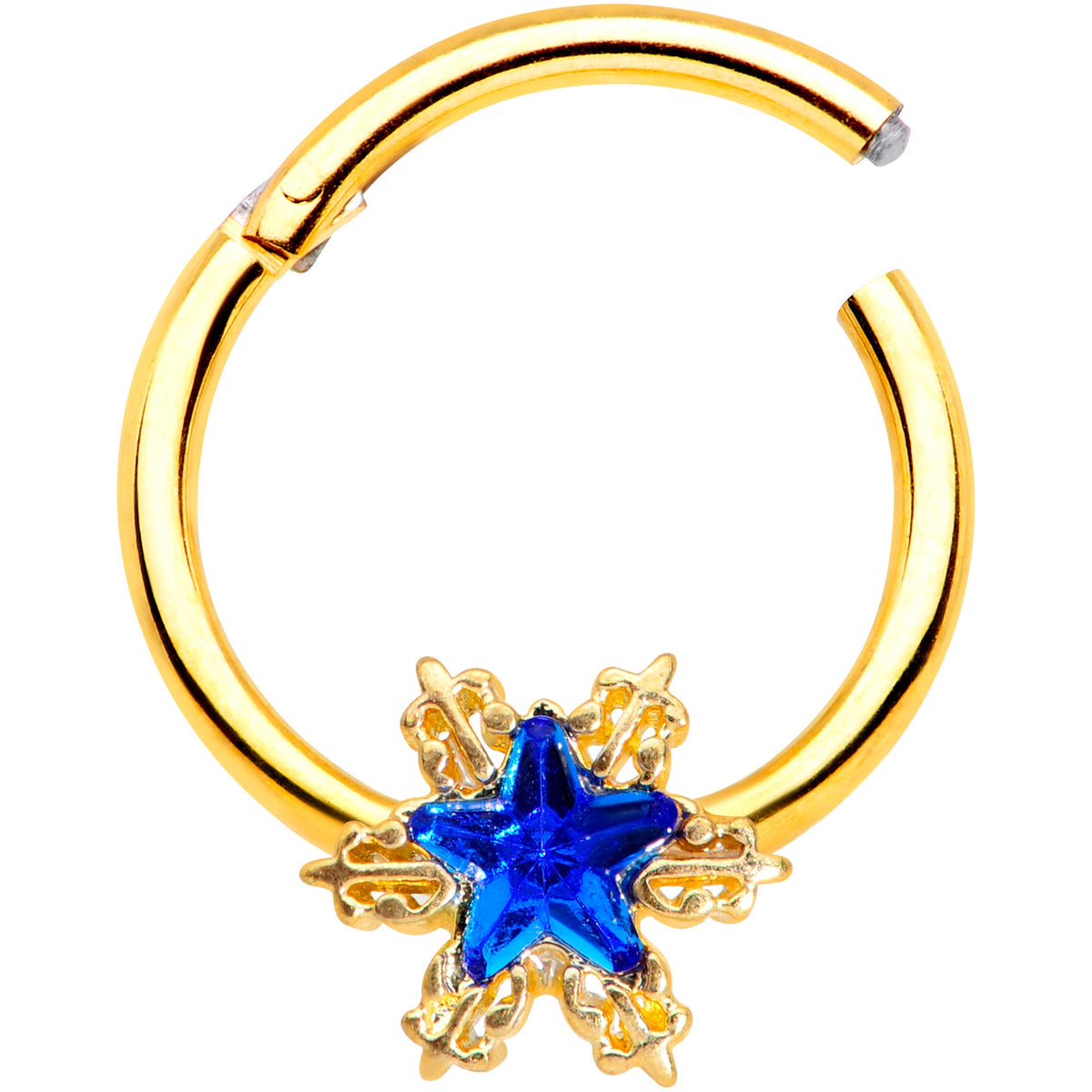 16G 3/8 Blue Gem Gold Tone Star Hinged Segment Ring