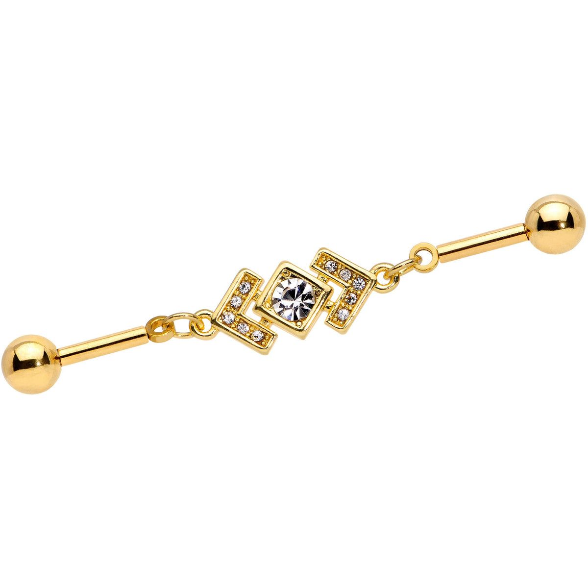 14G Clear Gem Gold Tone Geometric Dangle Industrial Barbell 38mm