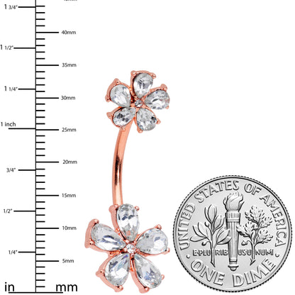 Clear Gem Rose Gold Tone Fabulous Flowers Double Mount Belly Ring