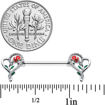 14G 5/8 Open Heart Rose Valentines Barbell Nipple Ring Set