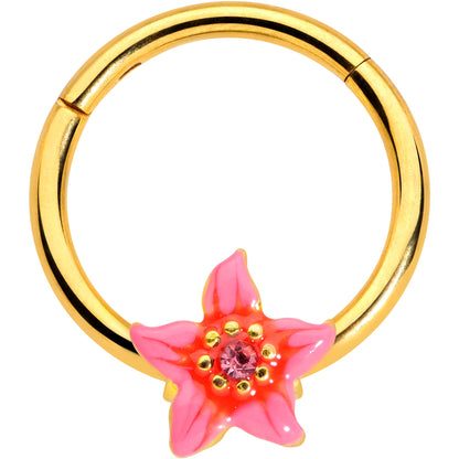 16G 3/8 Pink Gem Gold Tone Exotic Floral Star Hinged Segment Ring