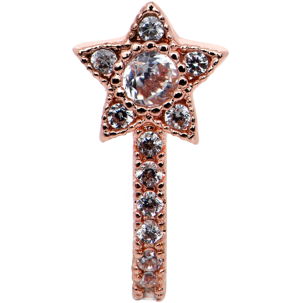 20G 7mm Clear Gem Rose Gold Hue Starry Faux Hoop L Shape Nose Ring