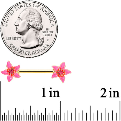 14G 9/16 Pink Gem Gold Tone Exotic Floral Star Nipple Ring Set