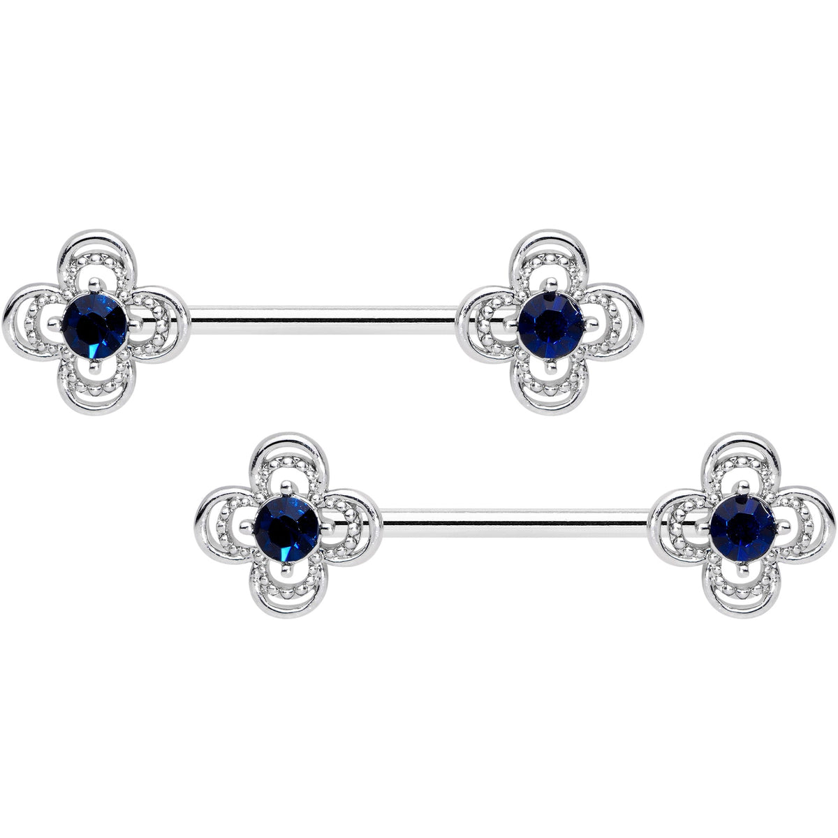 14G 9/16 Blue Gem Stylized Deco Cross Barbell Nipple Ring Set