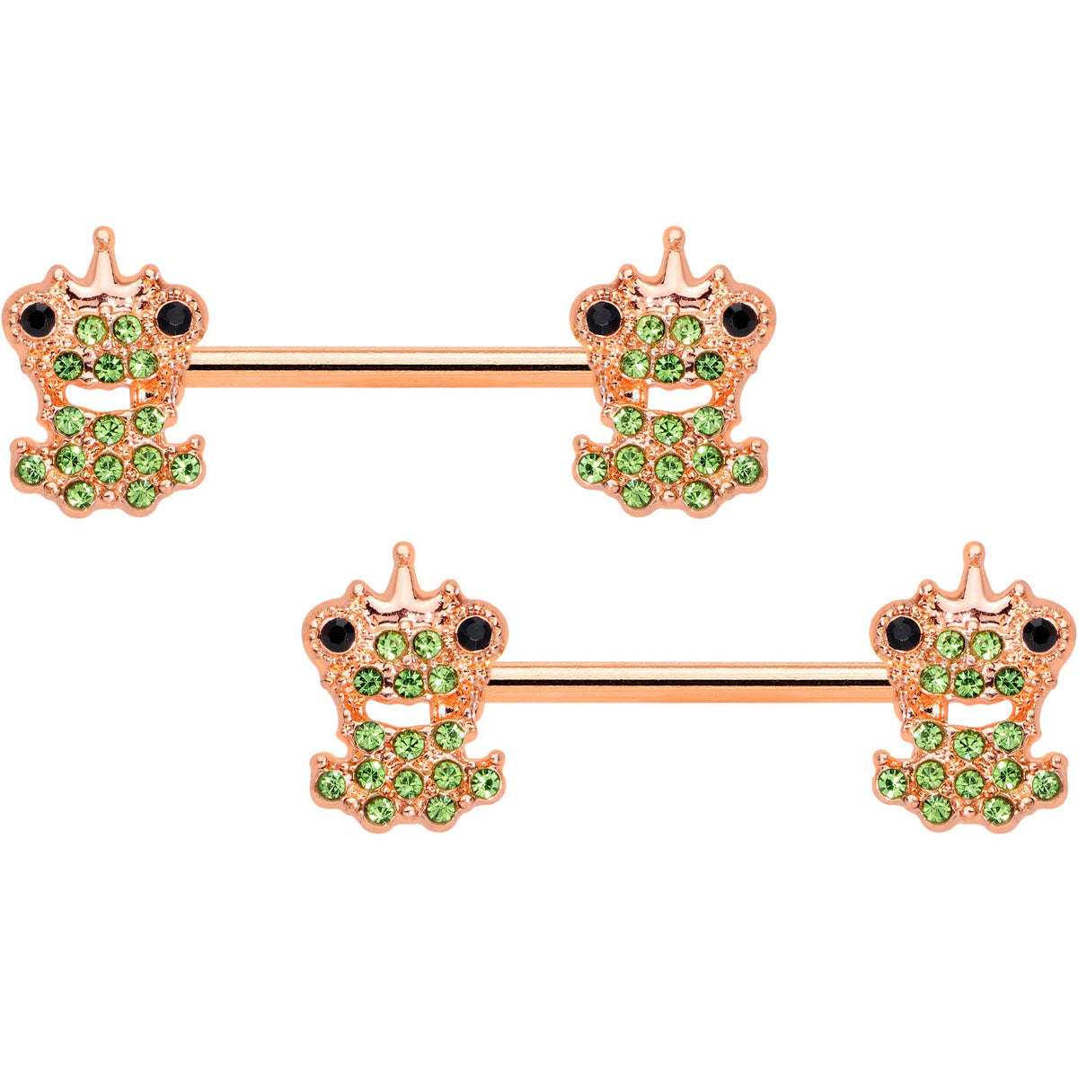 14G 9/16 Green Gem Rose Gold Tone Royal Frog Nipple Ring Set