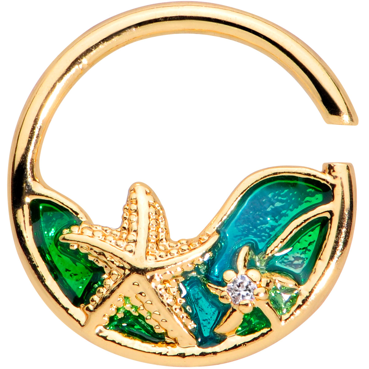 18G 3/8 Clear Gem Gold Tone Starfish Nautical Closure Ring