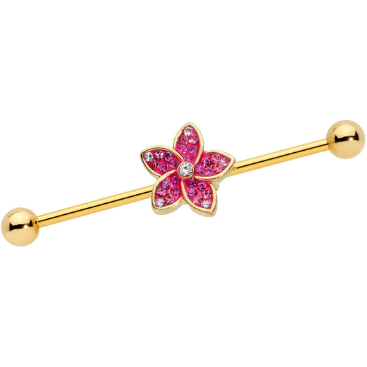14G Clear Purple Gem Gold Tone Flower Industrial Barbell 38mm