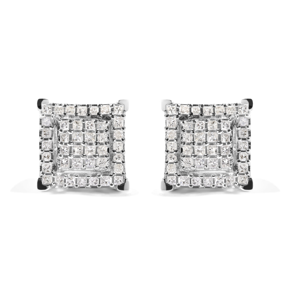 10K White Gold 1 1/4 Cttw Princess Diamond Composite Double Square and Halo Stud Earrings (I-J Color, I1-I2 Clarity)