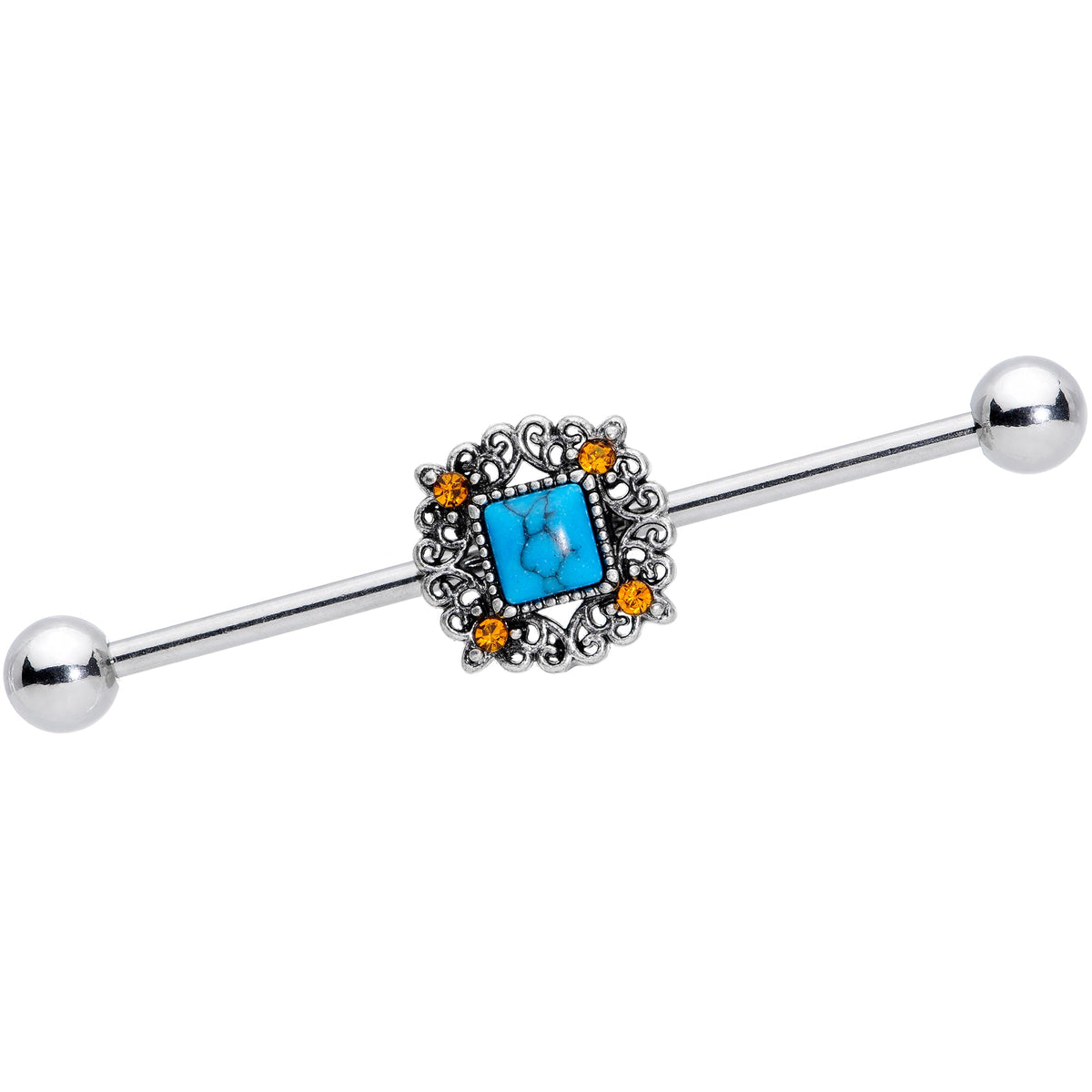 14G Yellow Gem Blue Faux Turquoise Square Industrial Barbell 38mm