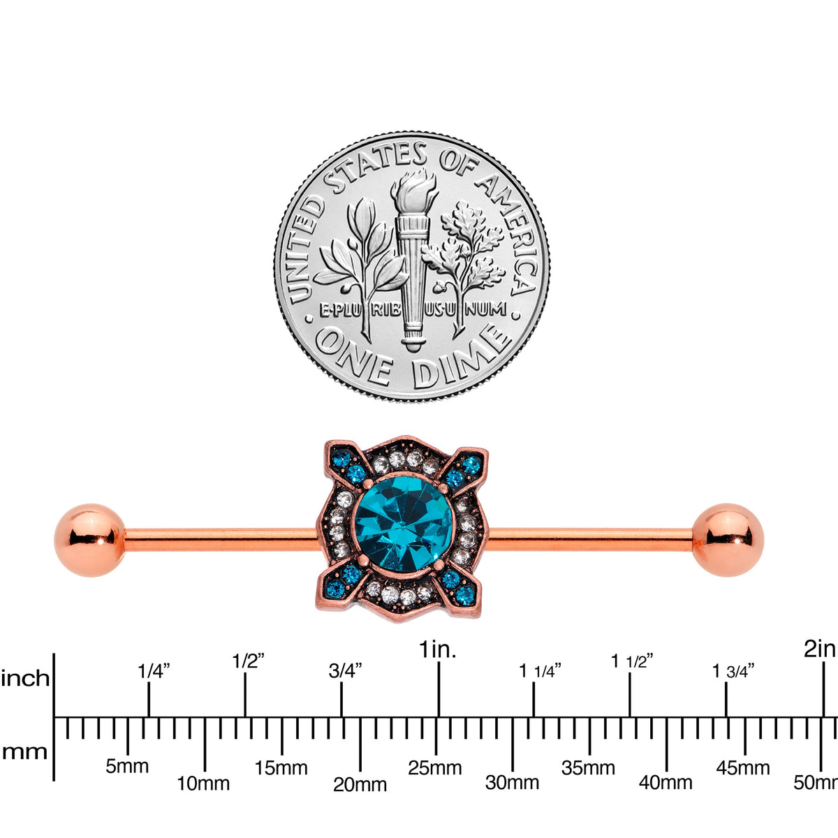 14G Aqua Gem Rose Gold Tone Renaissance Industrial Barbell 38mm