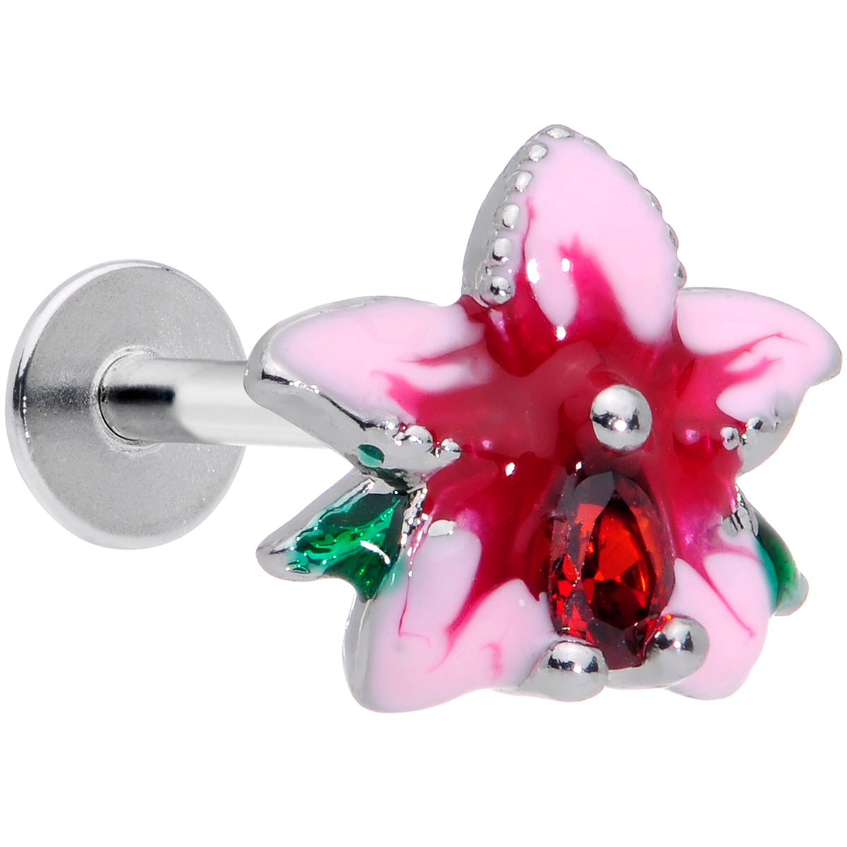 16G 5/16 Red Gem Exotic Flower Labret Monroe Tragus