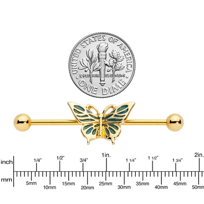 14G Gold Tone Green Inlay Butterfly Industrial Barbell 38mm