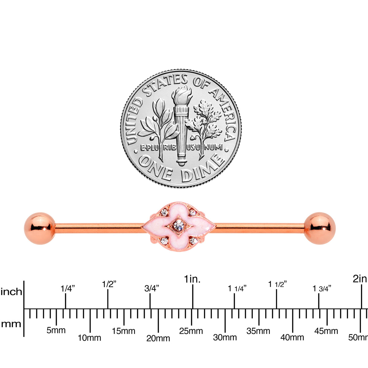 14G Clear Gem Rose Gold Tone Pink Cross Industrial Barbell 38mm