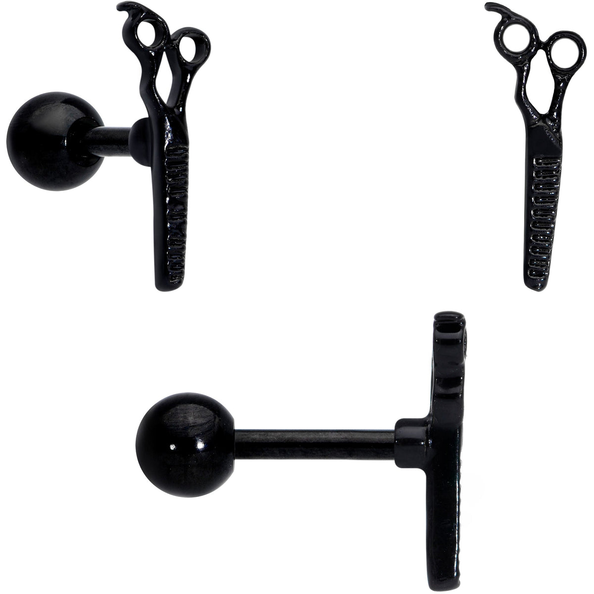 16G 1/4 Black Scissor Comb Hair Cartilage Tragus Earring Set of 3