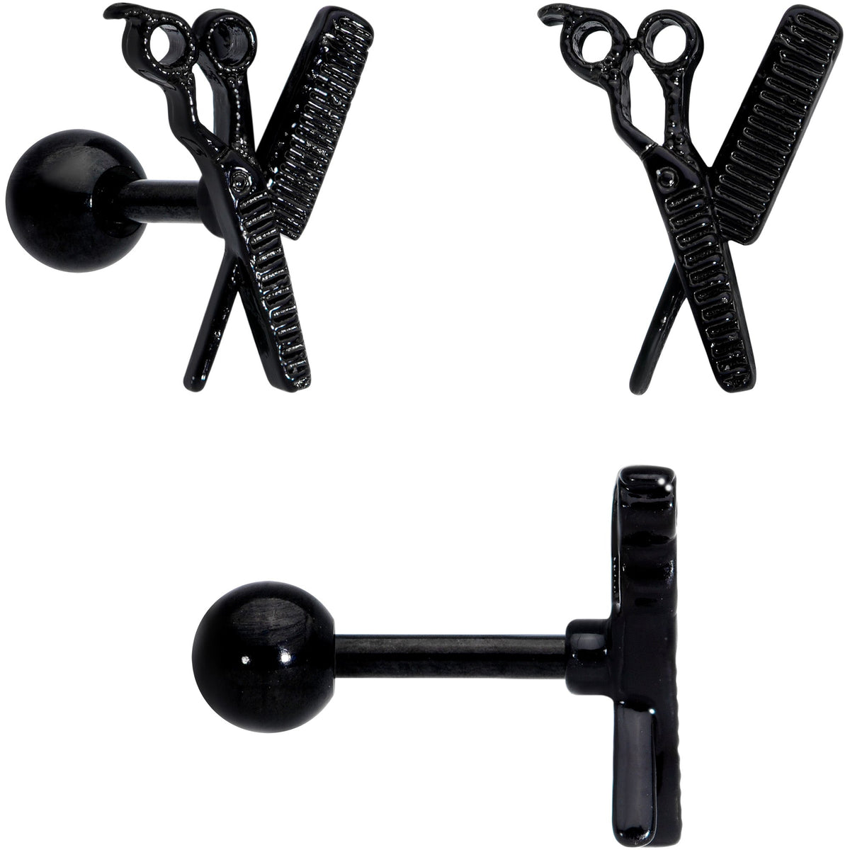 16G 1/4 Black Scissor Comb Hair Cartilage Tragus Earring Set of 3