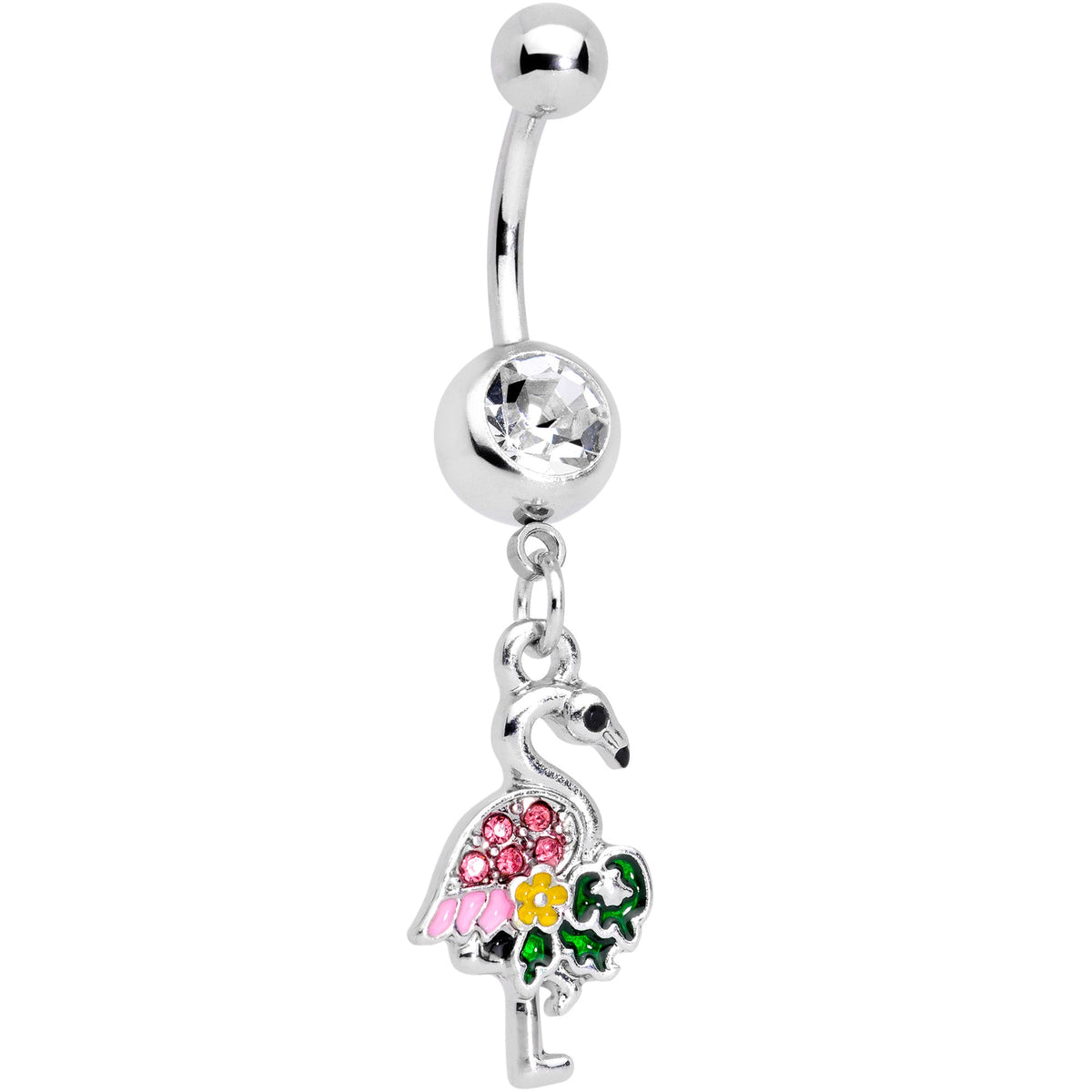 Clear Pink Gem Funky Flamingo Dangle Belly Ring