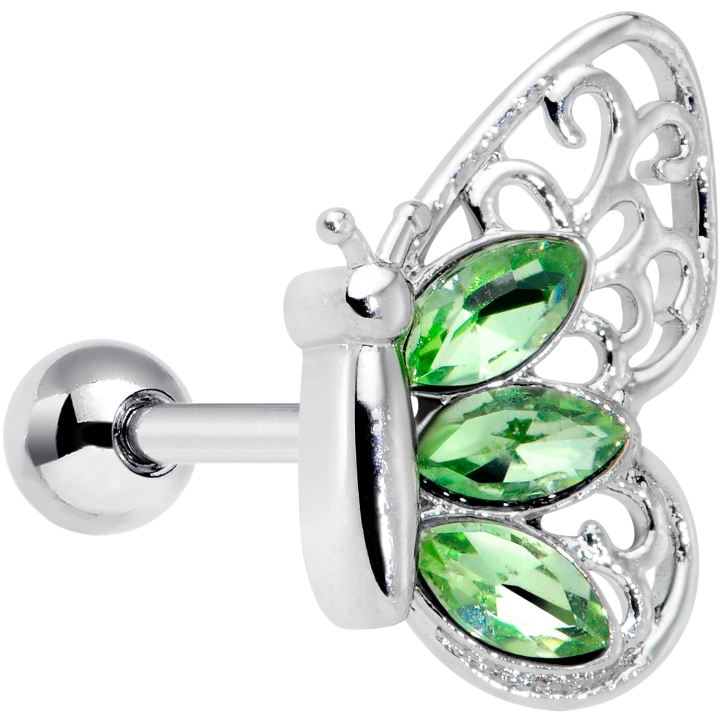 16G 1/4 Green Gem Lacy Butterfly Cartilage Tragus Earring