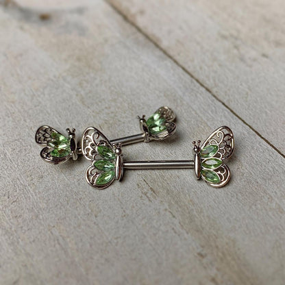 14G 9/16 Green Gem Lacy Butterfly Barbell Nipple Ring Set