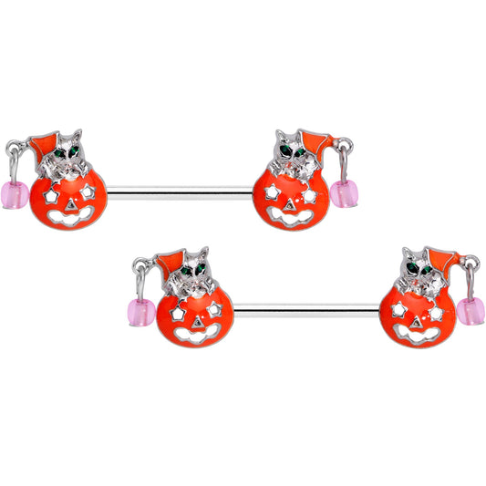 14G 9/16 Pink Gem Kitty Pumpkin Halloween Nipple Ring Set