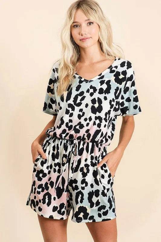 BiBi Gradation Leopard Soft Knit V-neck Romper