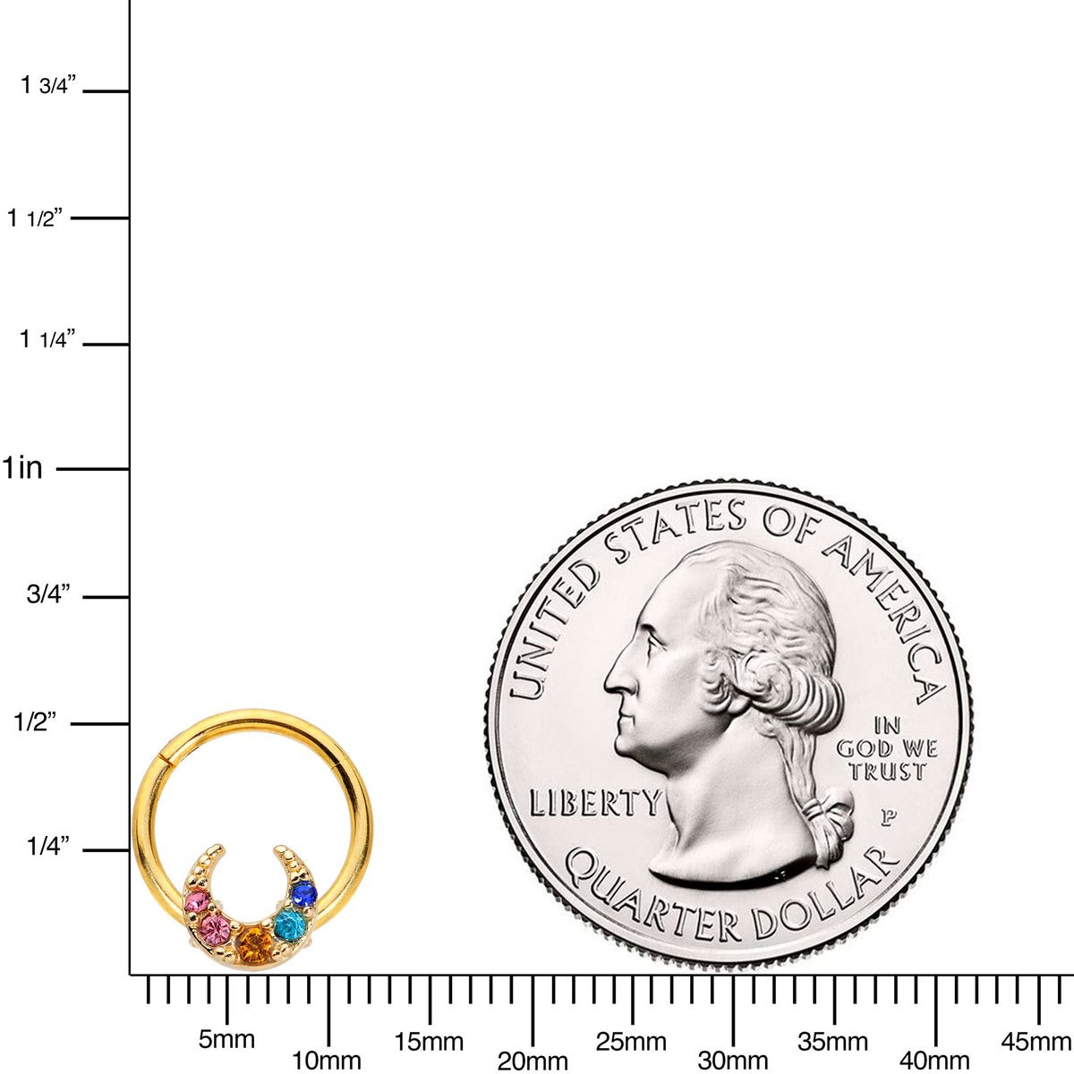 16G 3/8 Rainbow Gem Gold Tone Crescent Moon Hinged Segment Ring