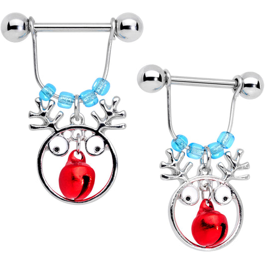 14G 9/16 Blue Red Bell Reindeer Christmas Dangle Nipple Ring Set