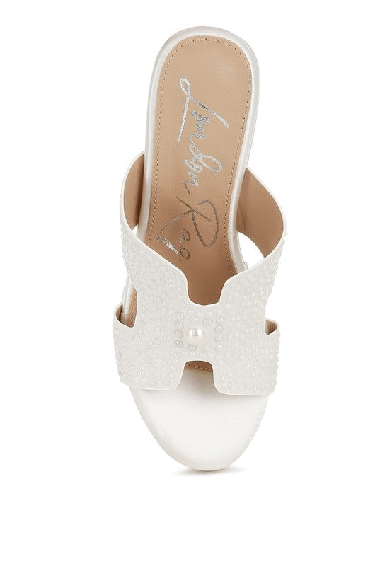 Renier Satin Pearl Detail Wedge Sandals