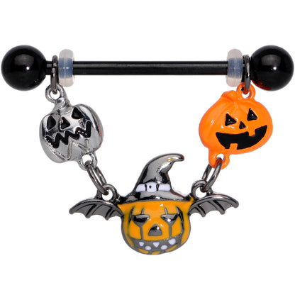 14G 7/8 Black Pumpkin Trio Halloween Dangle Nipple Ring Set