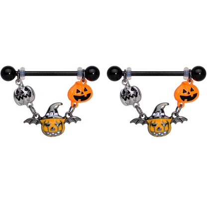 14G 7/8 Black Pumpkin Trio Halloween Dangle Nipple Ring Set