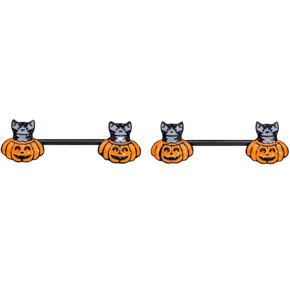 14G 9/16 Black Cat Surprise Pumpkin Halloween Nipple Ring Set