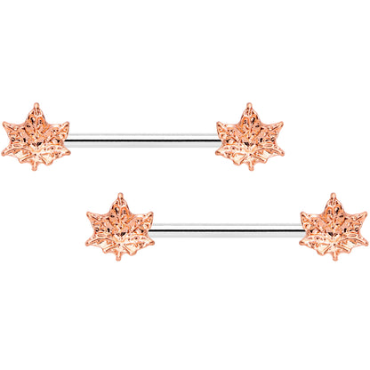 14G 5/8 Rose Gold Tone Pot Leaf Barbell Nipple Ring Set