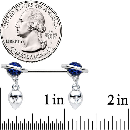 14G 9/16 Alien Dangle Blue Saturn Barbell Nipple Ring Set