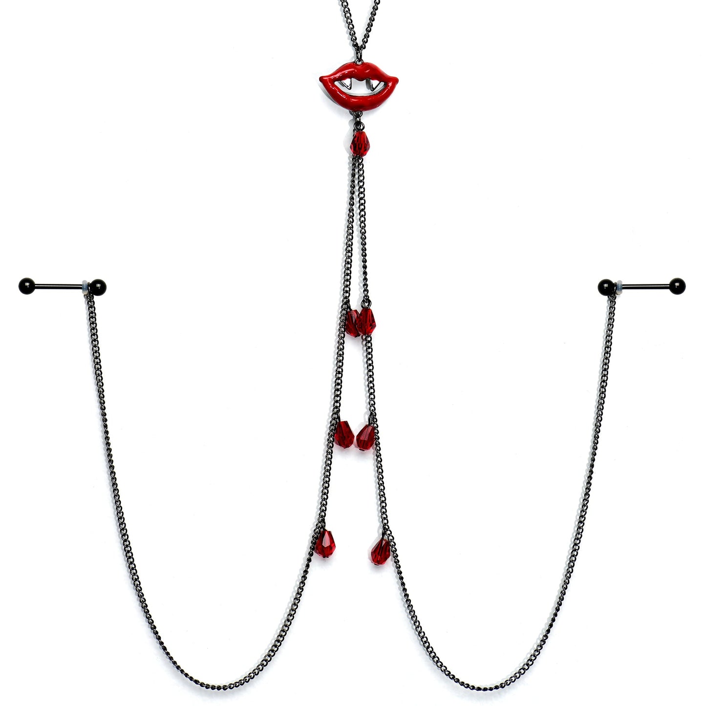 14G 9/16 Red Gem Vampire Lips Halloween Nipple Chain Necklace