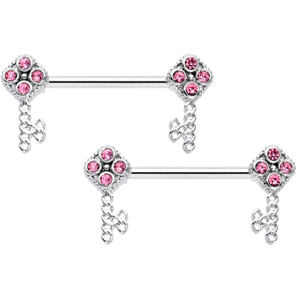 14G 9/16 Pink Gem Open Key Barbell Nipple Ring Set