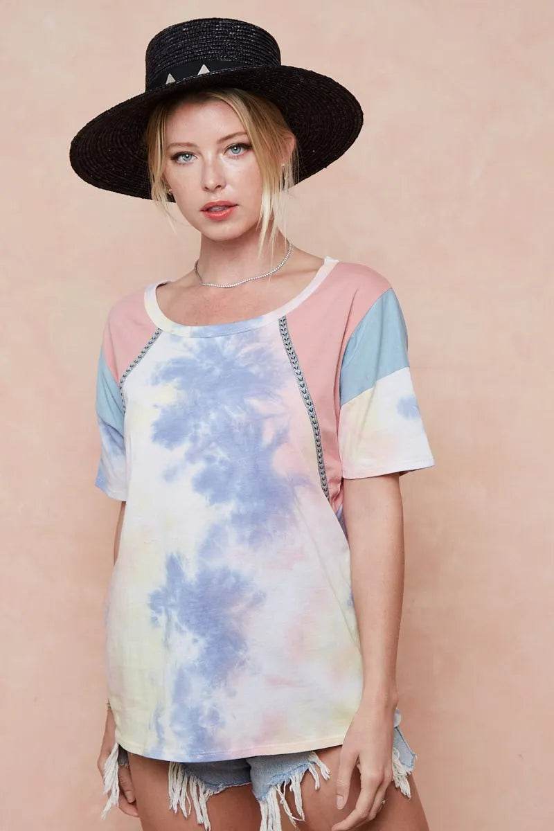 BiBi Tie Dye Printed Cotton Color Block T-Shirt